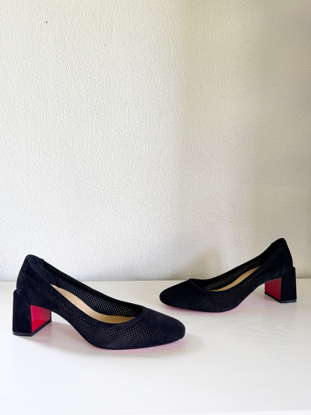 Christian Louboutin Incastrana Black Suede Perforated Block Heel Pumps EU 40